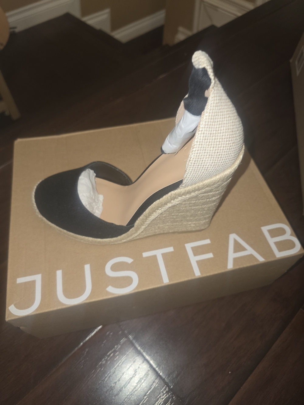 JustFab Black and Cream Espadrille Ankle-Strap Wedge